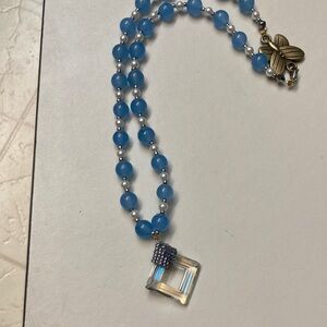 Chic Blue Beaded Necklace with Square Crystal Pendant